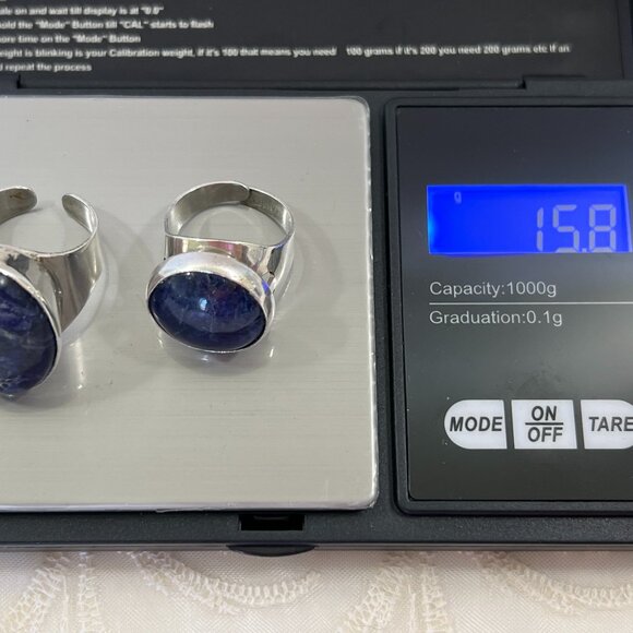 2 Rings Israel 925 Sterling Silver Lapis Lazuli Bezel Set Stones Adjustable Band - Picture 6 of 12